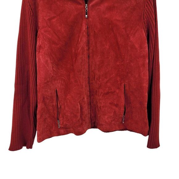 Vtg Red Ribbed Knit Long Sleeve Suede Sweater Jacket Shacket Sz L Cardigan Zip - Picture 6 of 11